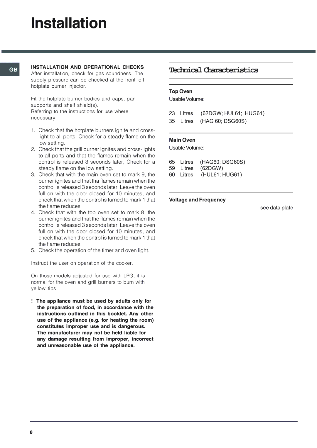 Hotpoint 62DGW installation instructions Installation and Operational Checks 