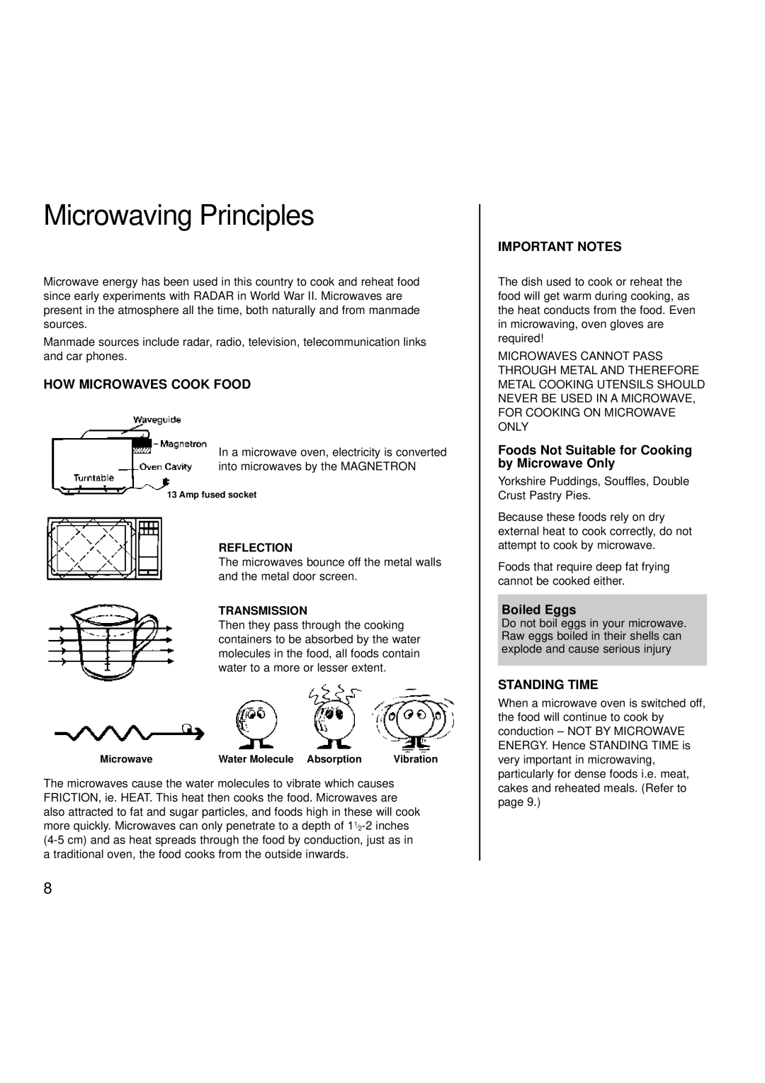 Hotpoint 6665, 6666 manual Microwaving Principles, Foods Not Suitable for Cooking by Microwave Only, Boiled Eggs 