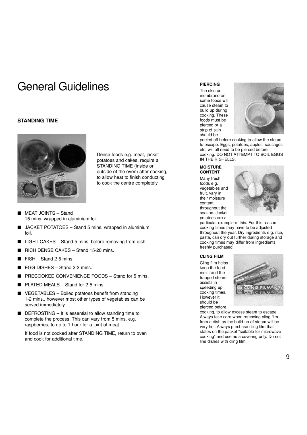 Hotpoint 6665, 6666 manual General Guidelines, Piercing, Moisture Content, Cling Film 