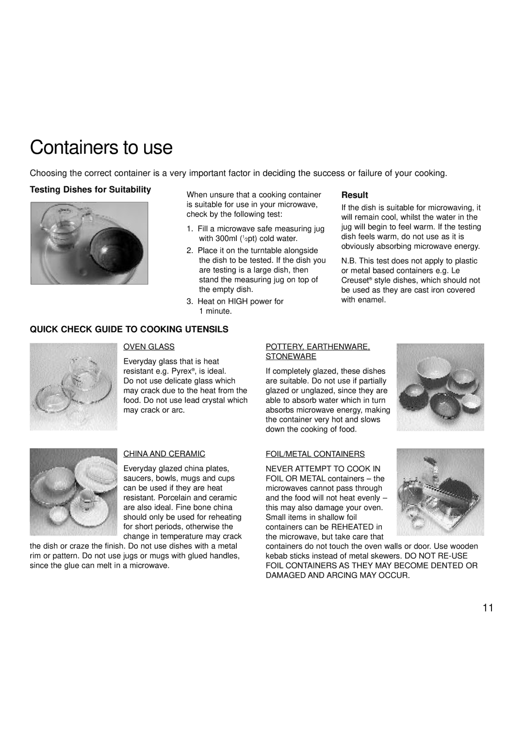 Hotpoint 6665, 6666 manual Containers to use, Testing Dishes for Suitability, Result 