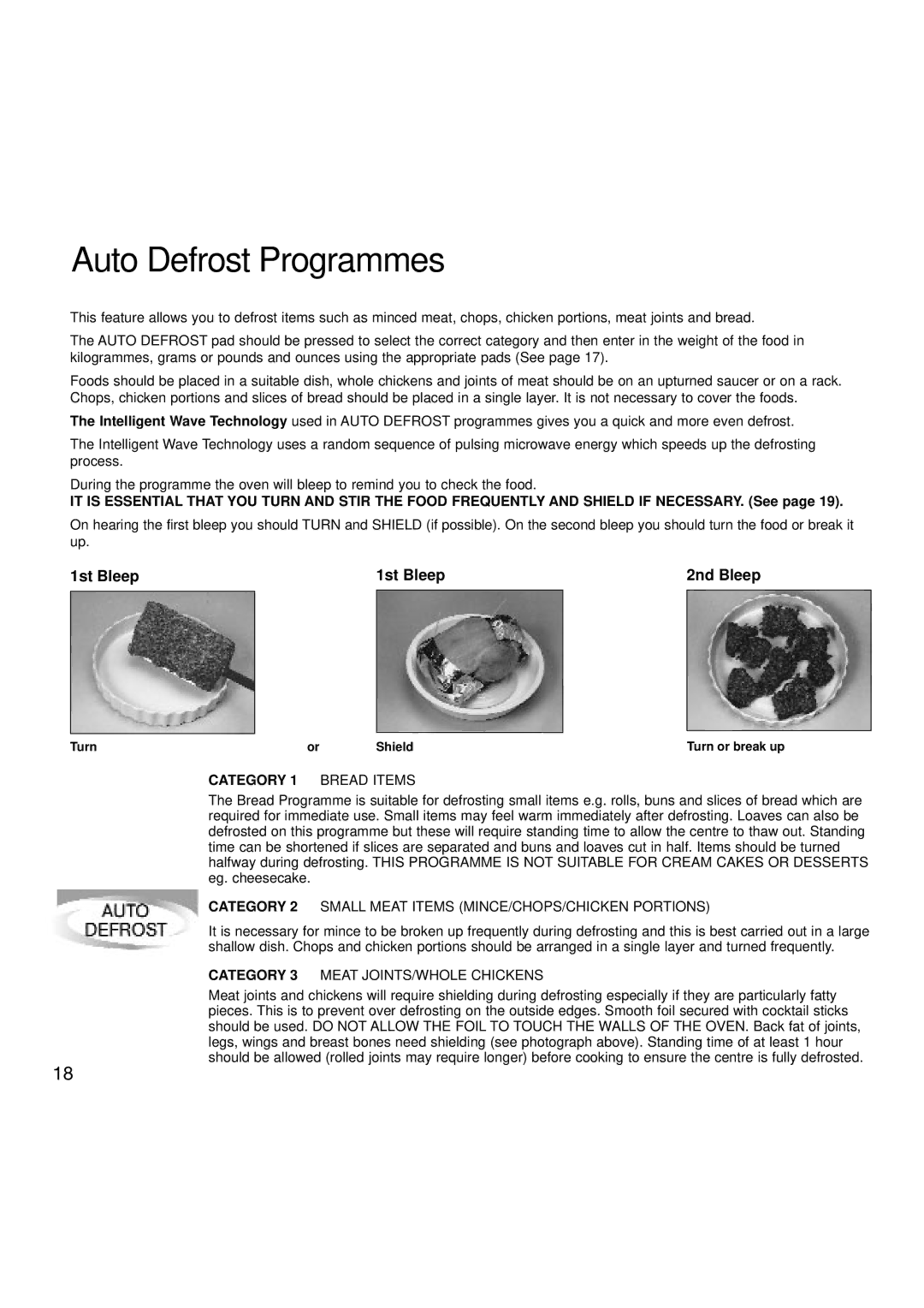 Hotpoint 6665, 6666 manual Auto Defrost Programmes, 1st Bleep 2nd Bleep, Turn Shield 