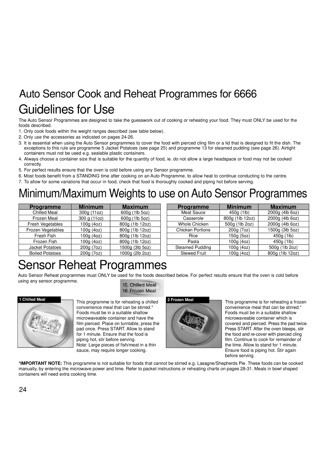 Hotpoint 6665, 6666 manual Sensor Reheat Programmes, Minimum/Maximum Weights to use on Auto Sensor Programmes 