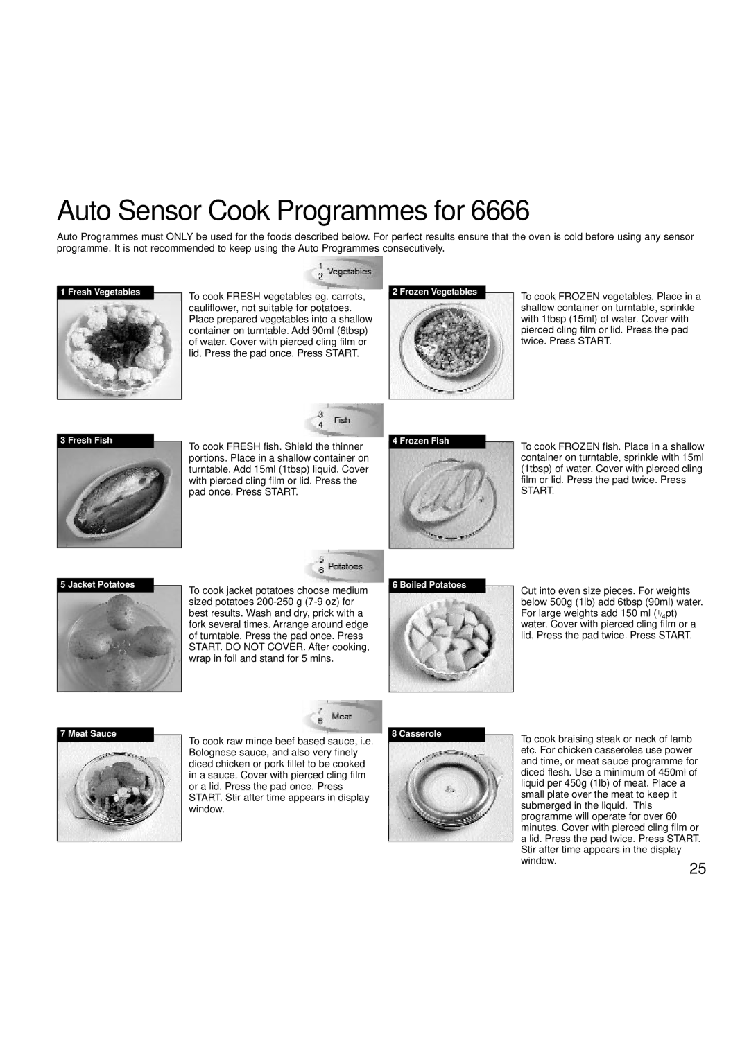 Hotpoint 6665, 6666 manual Auto Sensor Cook Programmes for 