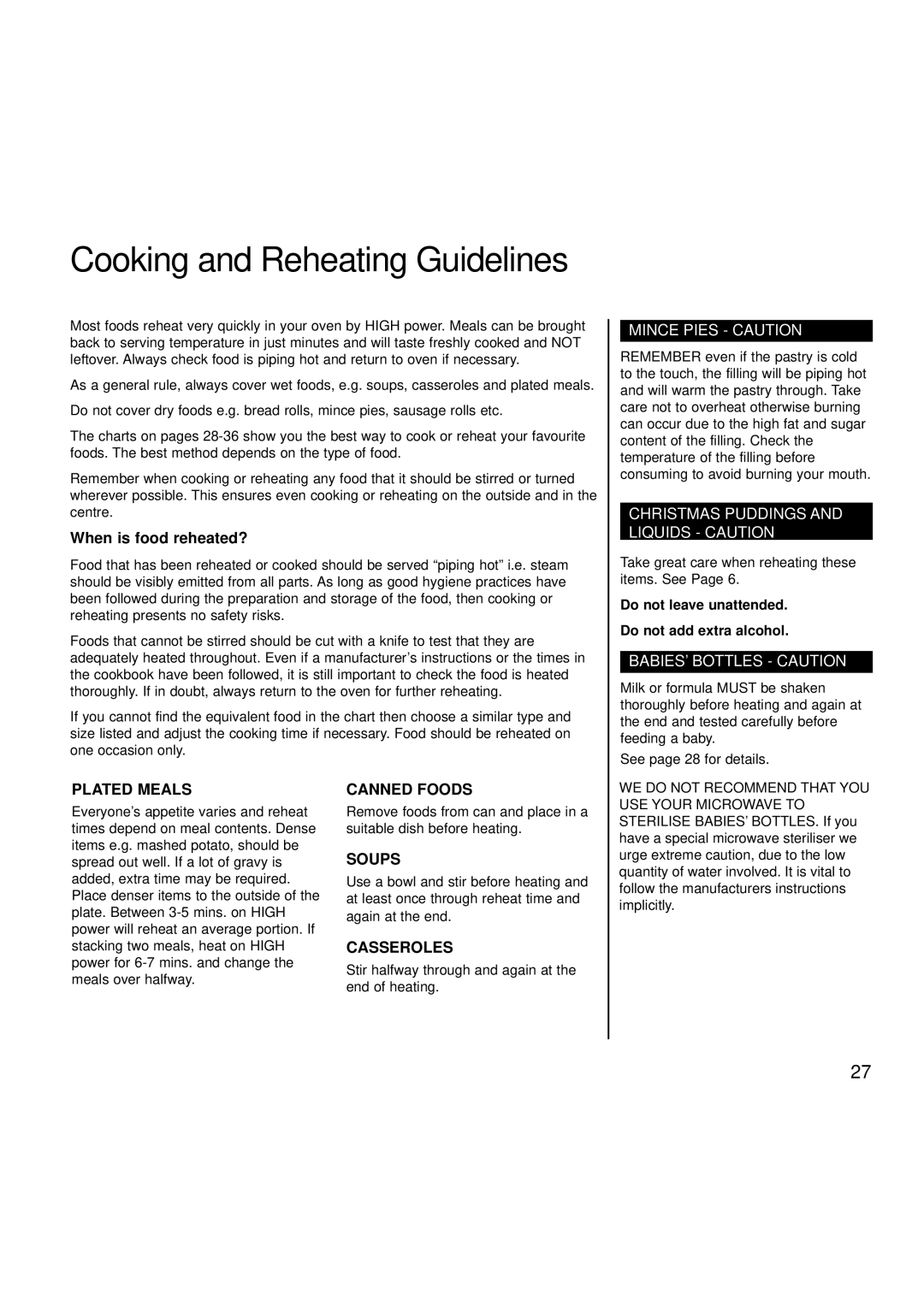 Hotpoint 6665, 6666 manual Cooking and Reheating Guidelines, When is food reheated? 