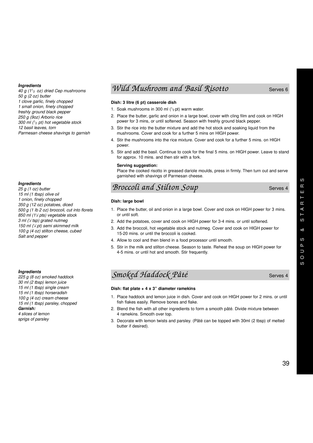 Hotpoint 6665, 6666 manual Wild Mushroom and Basil Risotto, Broccoli and Stilton Soup, Smoked Haddock Pâté, Garnish 