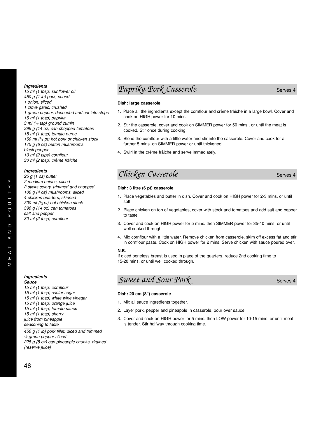 Hotpoint 6665, 6666 manual Paprika Pork Casserole, Chicken Casserole, Sweet and Sour Pork, Ingredients Sauce 
