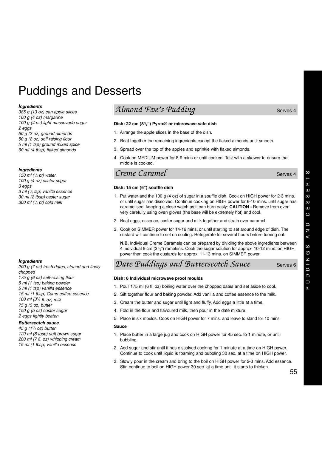 Hotpoint 6665, 6666 manual Puddings and Desserts, Almond Eve’s Pudding, Creme Caramel, Date Puddings and Butterscotch Sauce 