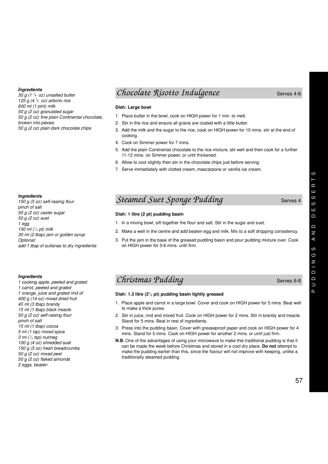 Hotpoint 6665, 6666 manual Chocolate Risotto Indulgence, Steamed Suet Sponge Pudding, Christmas Pudding 
