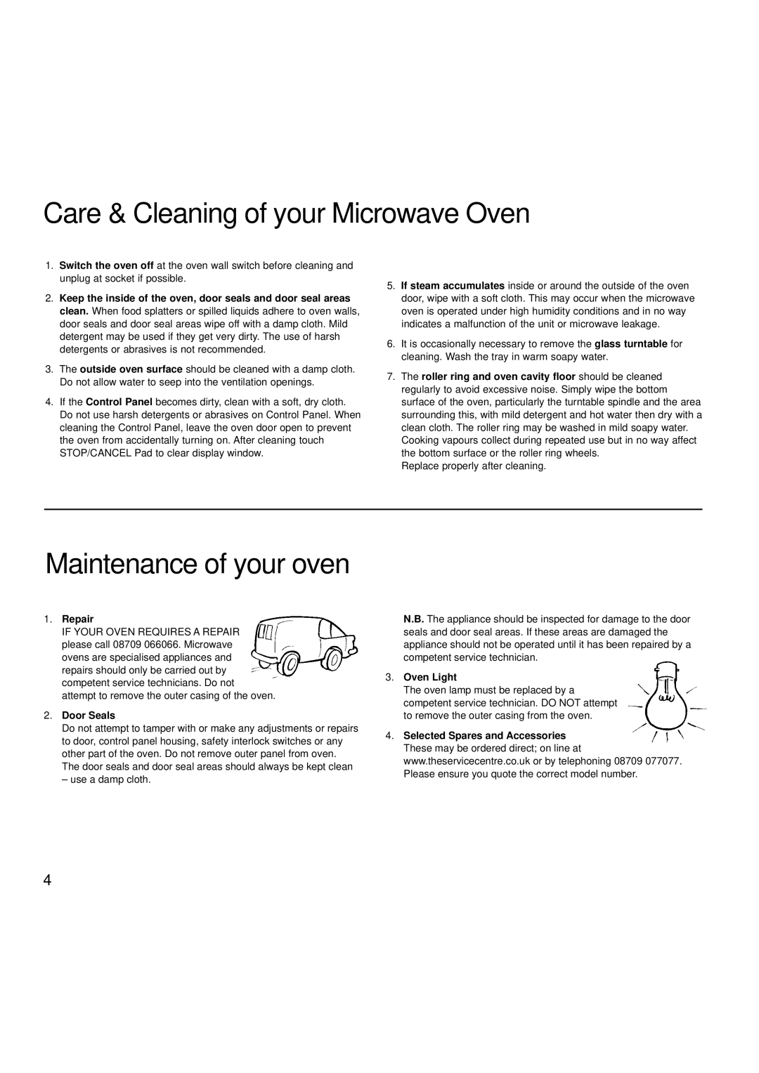 Hotpoint 6665, 6666 Care & Cleaning of your Microwave Oven, Maintenance of your oven, Repair, Door Seals, Oven Light 