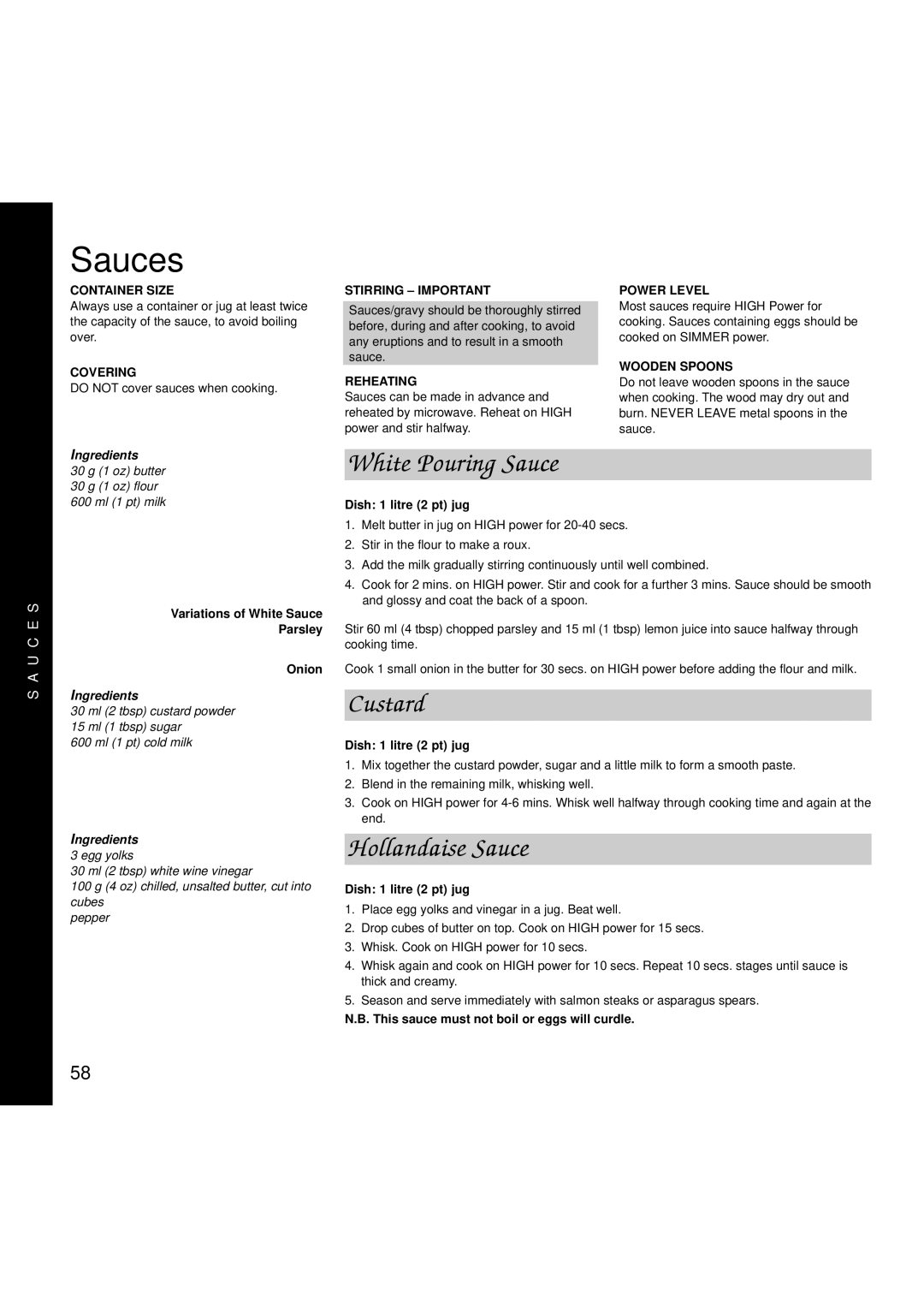 Hotpoint 6665, 6666 manual Sauces, White Pouring Sauce, Custard, Hollandaise Sauce 