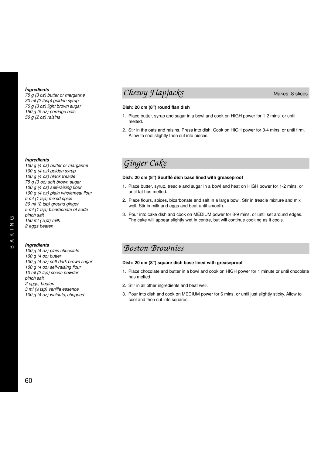 Hotpoint 6665, 6666 manual Chewy Flapjacks, Ginger Cake, Boston Brownies 