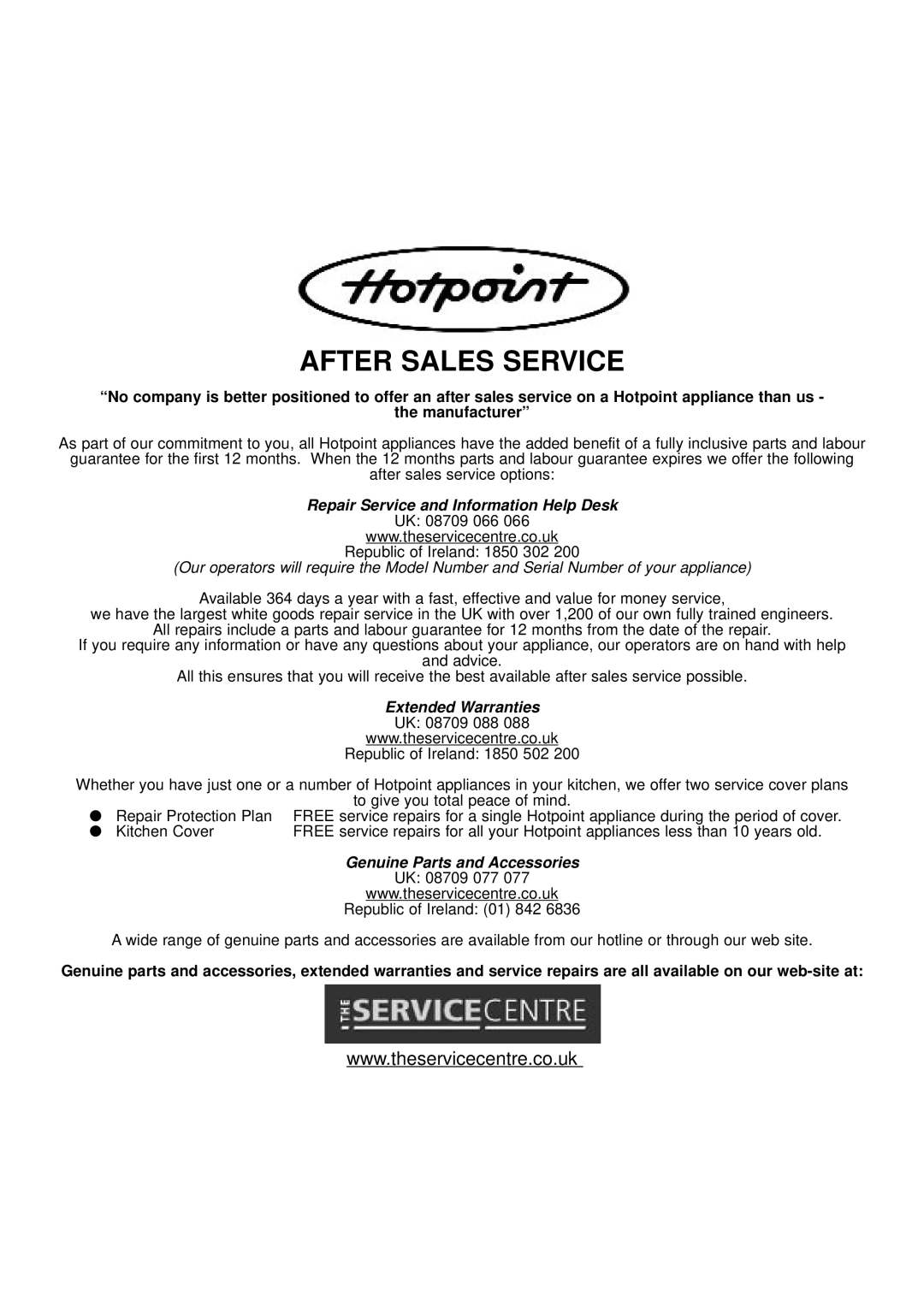 Hotpoint 6665, 6666 manual After Sales Service 