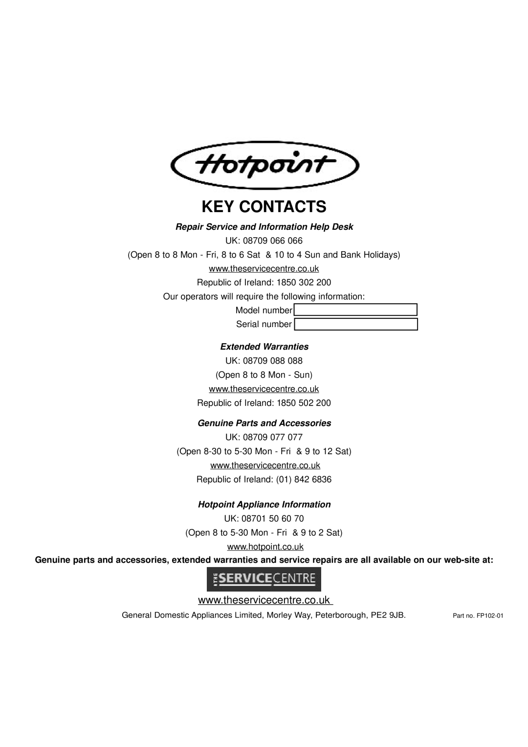 Hotpoint 6665, 6666 manual KEY Contacts 