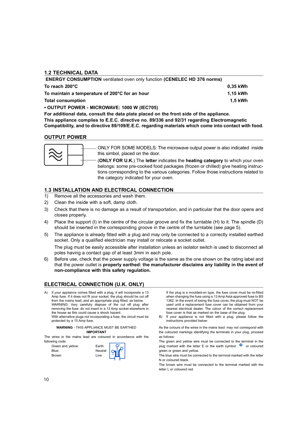 Hotpoint 6685X manual Technical Data, Output Power, Installation and Electrical Connection, Electrical Connection U.K. only 