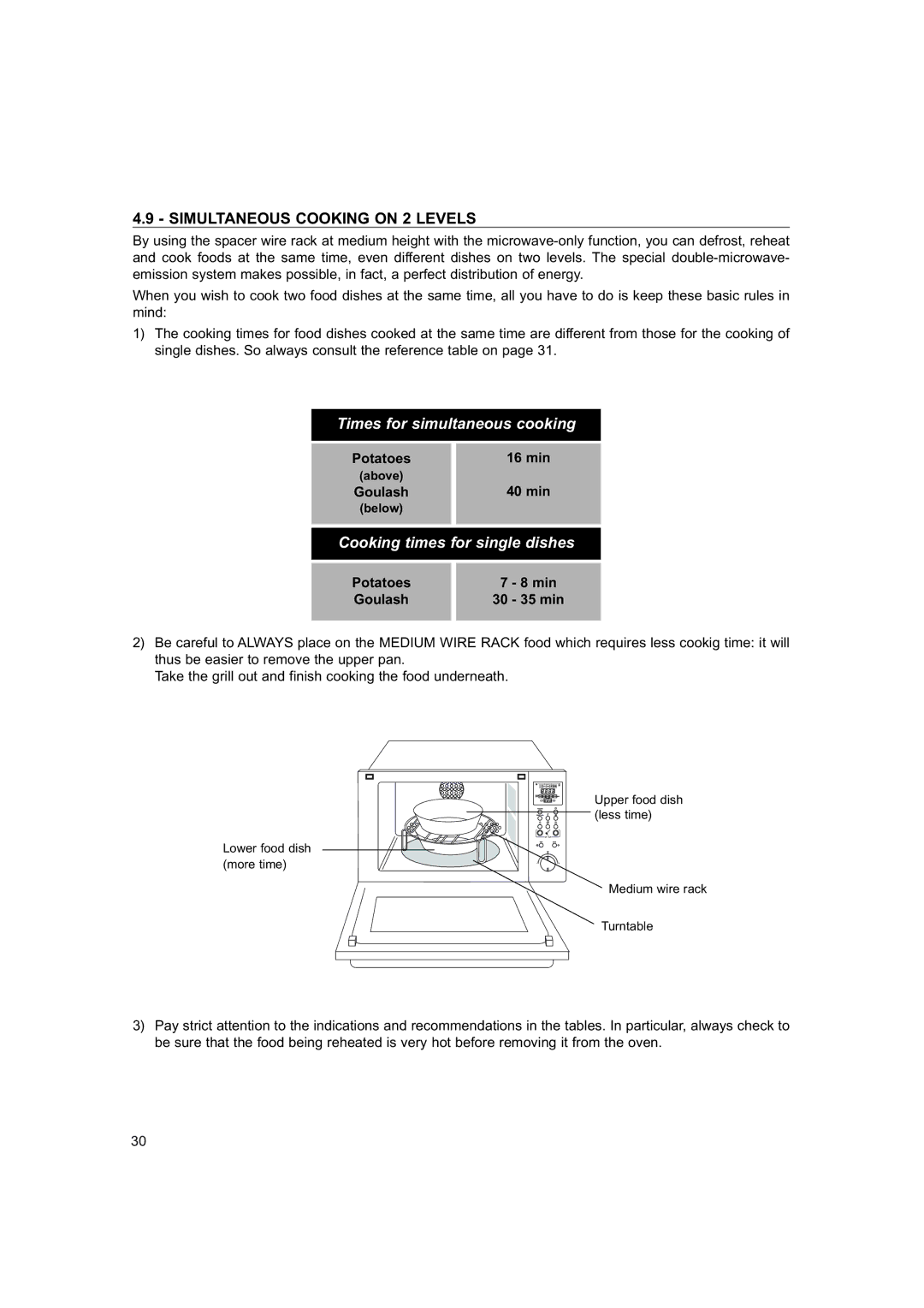 Hotpoint 6685X manual Simultaneous Cooking on 2 Levels, Potatoes 16 min, Goulash 40 min, Potatoes Min Goulash 35 min 