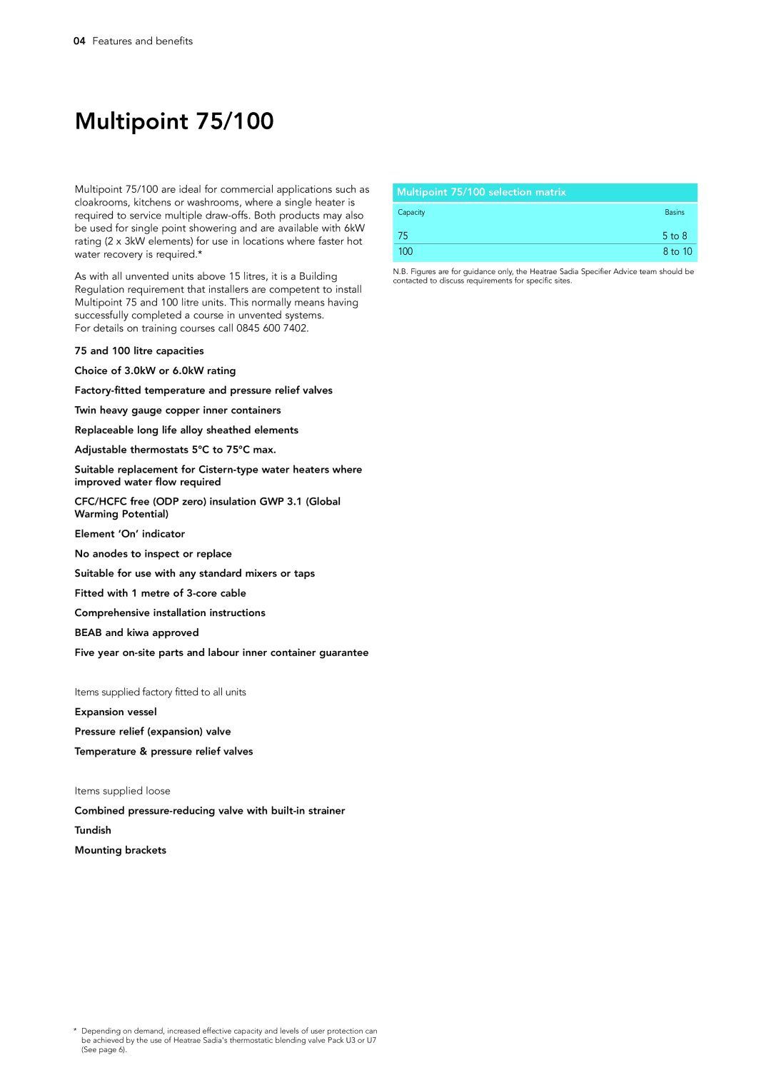 Hotpoint manual Features and benefits, Multipoint 75/100 selection matrix 