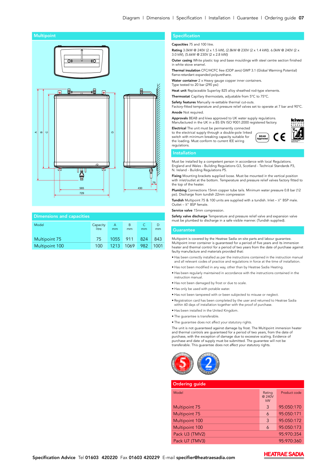 Hotpoint 75/100 manual Multipoint, Specification, Installation, Dimensions and capacities, Guarantee, Ordering guide 