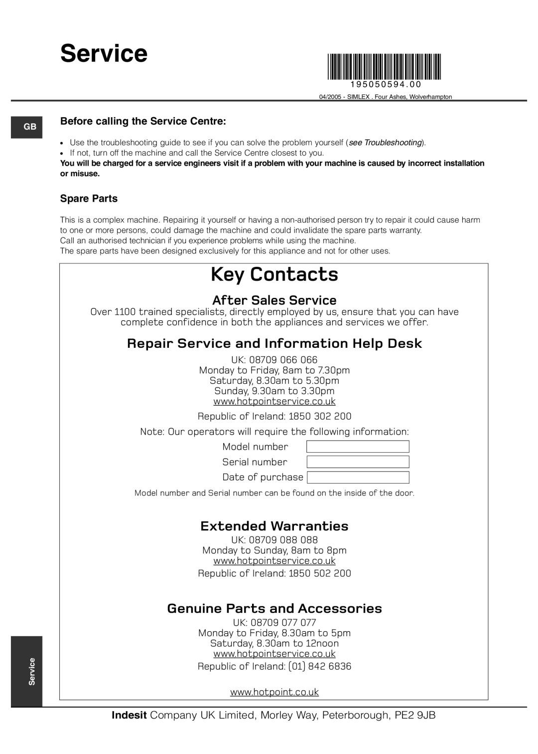 Hotpoint 7kg Ultima manual Service, Spare Parts 