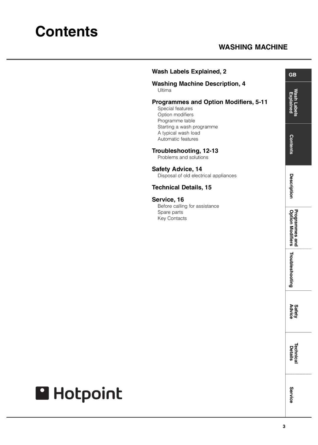 Hotpoint 7kg Ultima manual Contents 