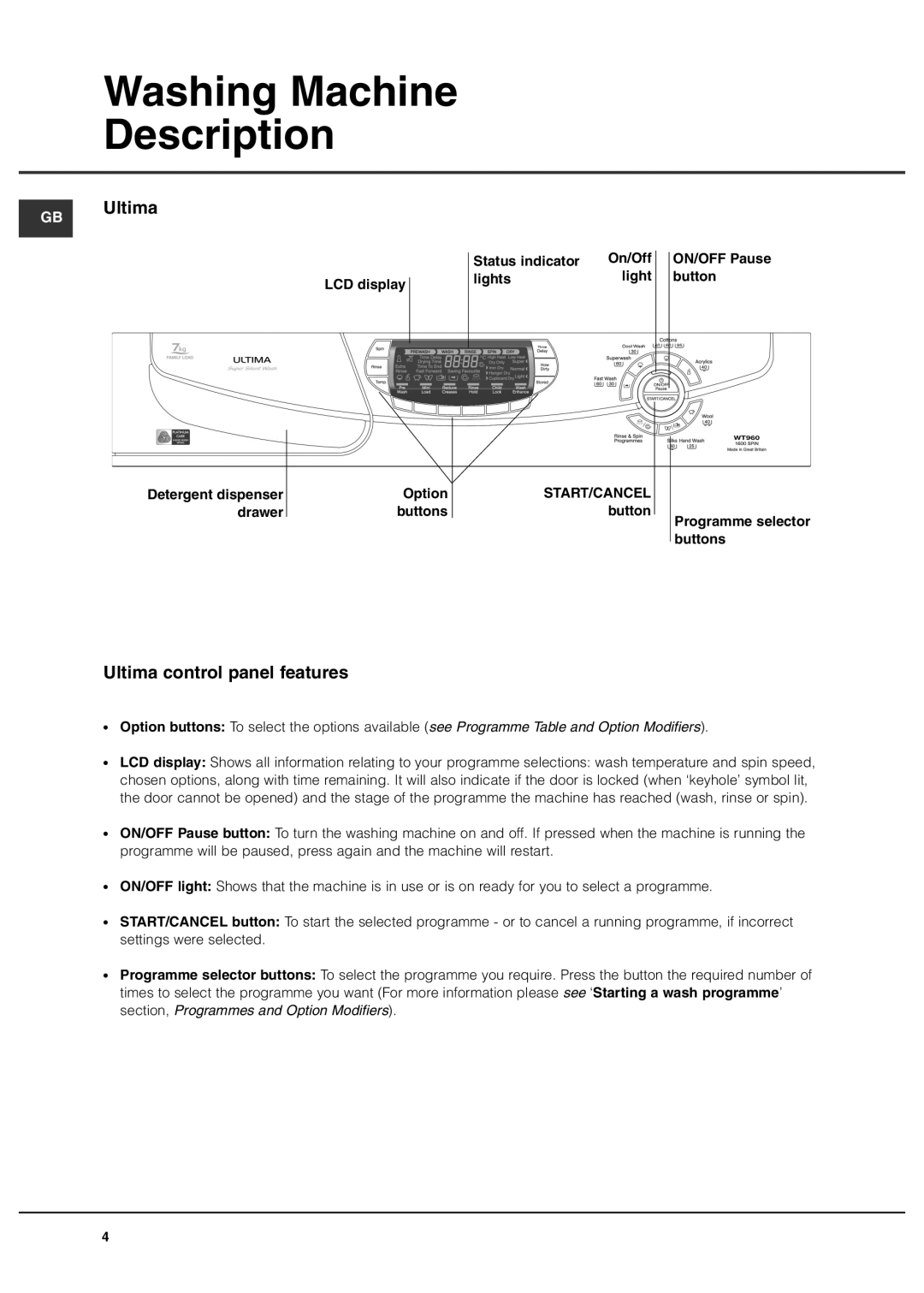 Hotpoint 7kg Ultima manual GB Ultima, Ultima control panel features 