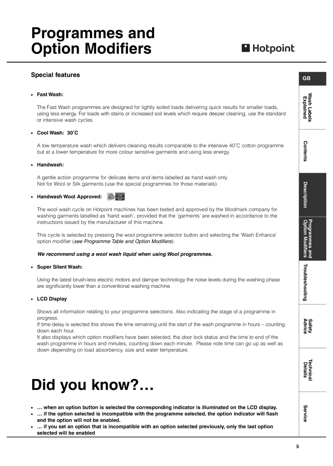 Hotpoint 7kg Ultima manual Programmes Option Modifiers, Did you know?…, Special features 