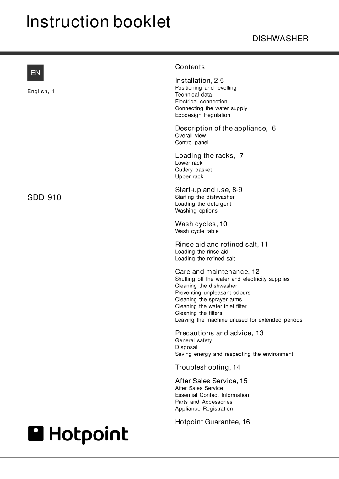 Hotpoint 910 manual Instruction booklet 