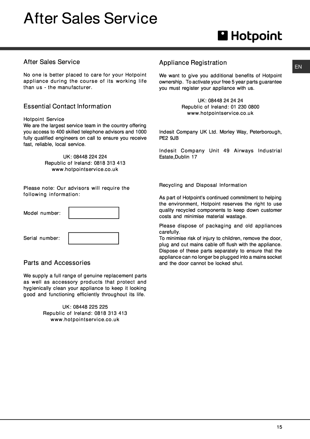 Hotpoint 910 manual After Sales Service, Essential Contact Information, Parts and Accessories, Appliance Registration 