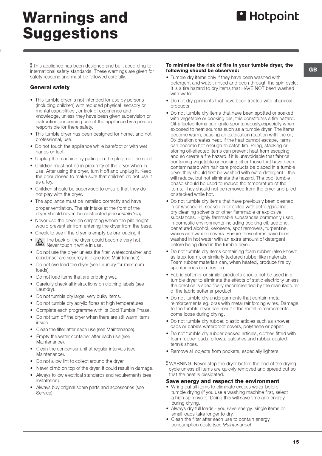 Hotpoint ACC9 BF7 instruction manual General safety, Save energy and respect the environment 