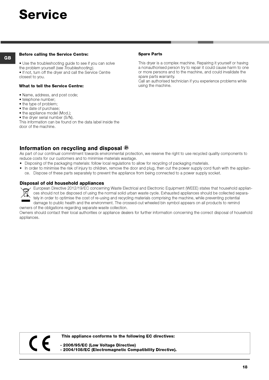 Hotpoint ACC9 BF7 instruction manual Service, Information on recycling and disposal, Disposal of old household appliances 