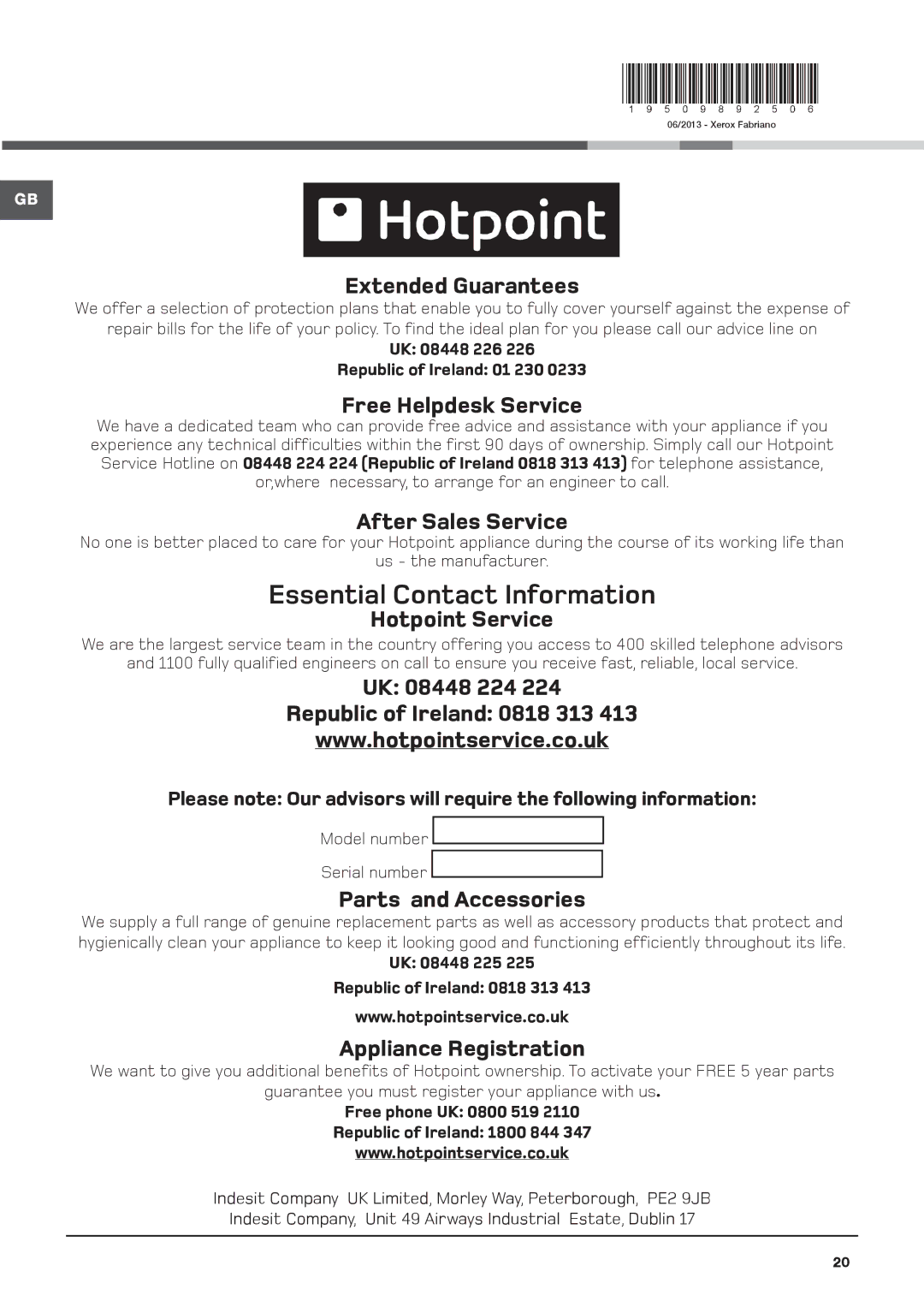 Hotpoint ACC9 BF7 instruction manual Essential Contact Information 