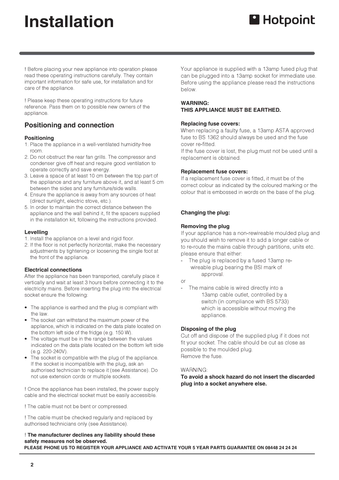 Hotpoint AFAA 52 x AI manual Installation, Positioning and connection 