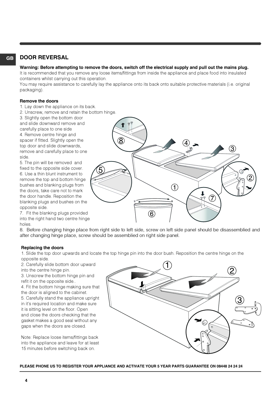 Hotpoint AFAA 52 x AI manual Remove the doors, Replacing the doors 