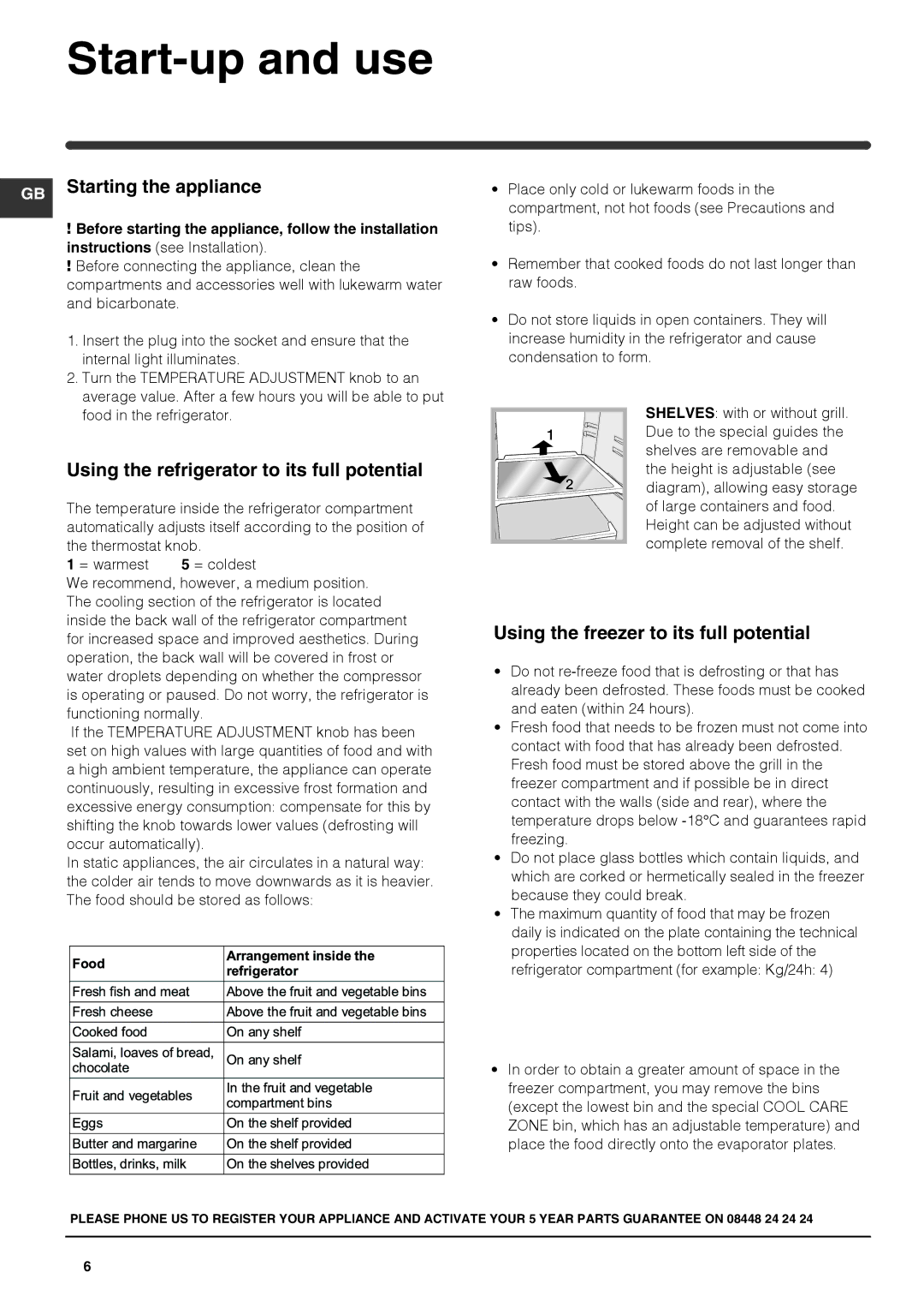 Hotpoint AFAA 52 x AI manual Start-up and use, GB Starting the appliance, Using the refrigerator to its full potential 