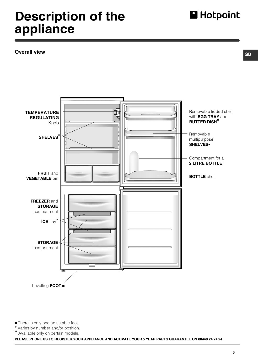 Hotpoint AFAA 52 x AI Description of the appliance, Overall view, Removable lidded shelf, Knob, multipurpose, compartment 