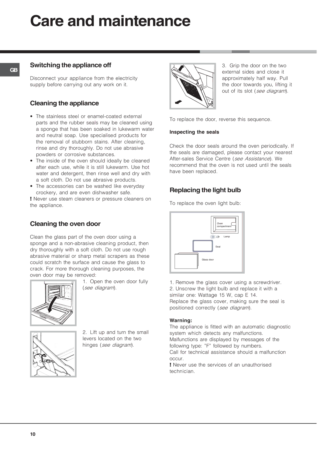 Hotpoint AHP69PGX manual Care and maintenance, Switching the appliance off, Cleaning the appliance, Cleaning the oven door 