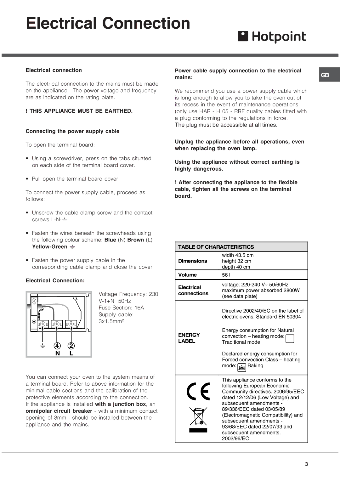 Hotpoint AHP69PGX manual Electrical Connection, This Appliance Must be Earthed 