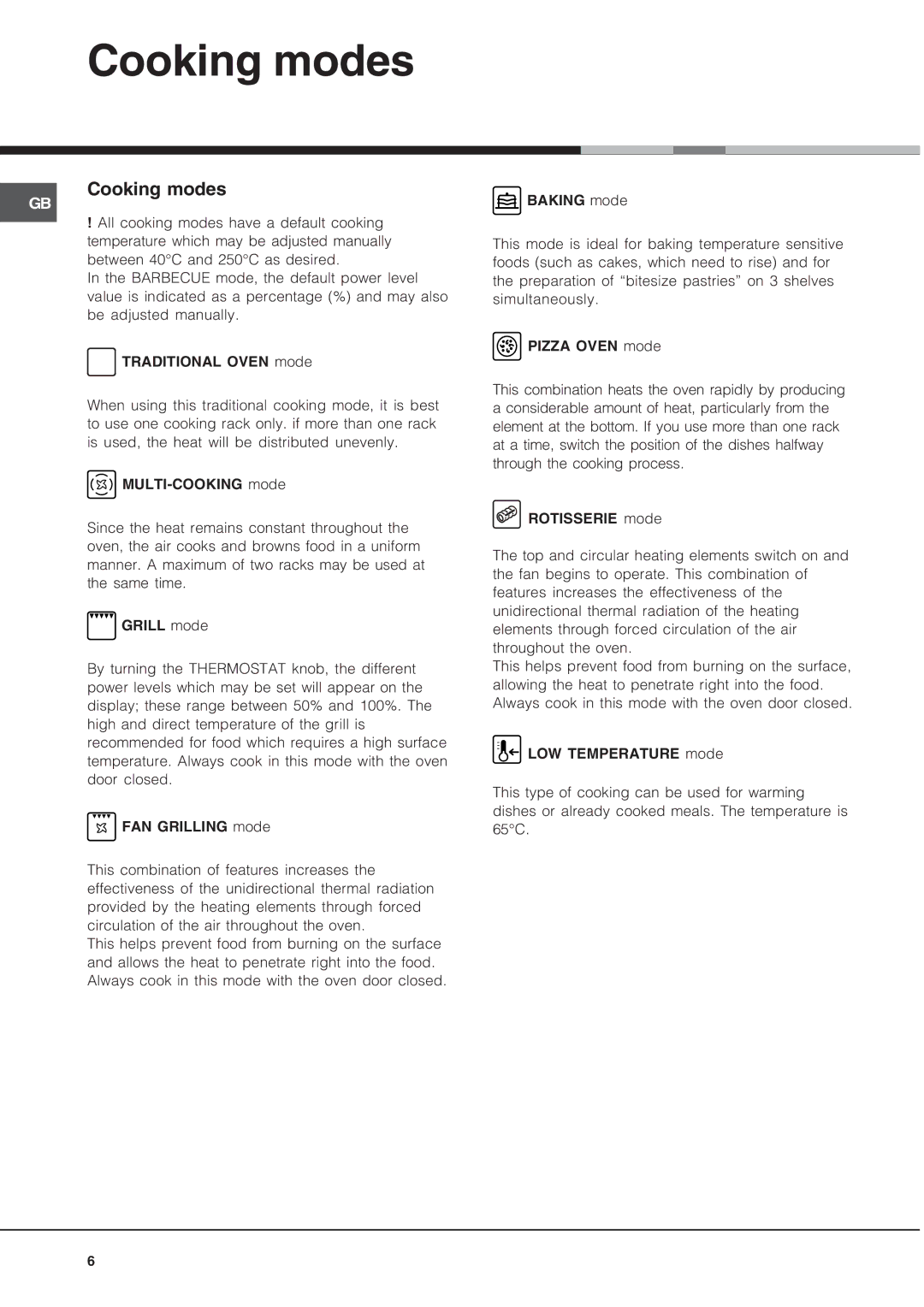 Hotpoint AHP69PGX manual Cooking modes 