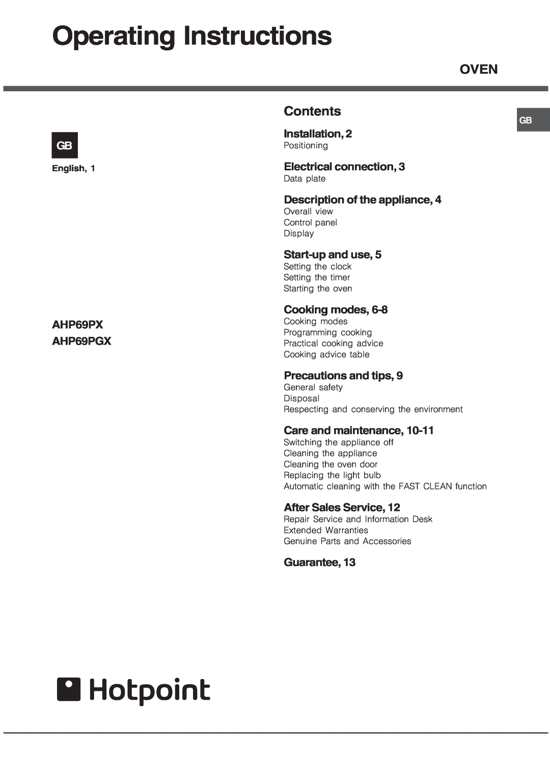 Hotpoint AHP69PGX manual Operating Instructions, OVEN Contents 