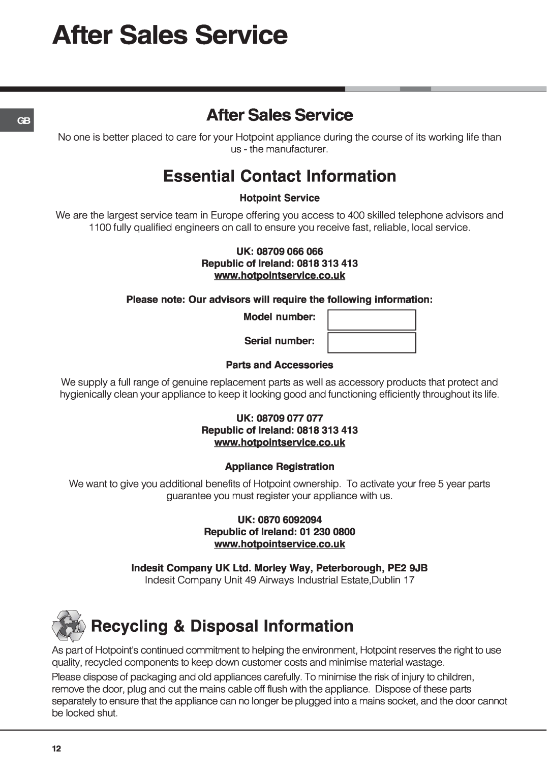 Hotpoint AHP69PGX manual After Sales Service, Essential Contact Information, Recycling & Disposal Information 