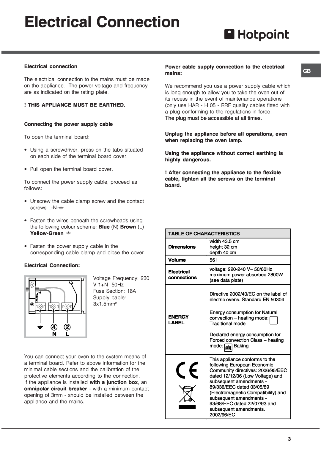 Hotpoint AHP69PGX manual Electrical Connection, 4 2 N L, The plug must be accessible at all times 