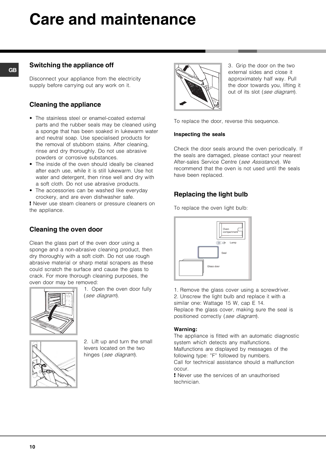 Hotpoint AHP69PX manual Care and maintenance, Switching the appliance off, Cleaning the appliance, Cleaning the oven door 