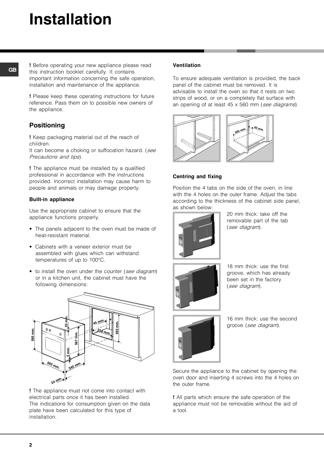 Hotpoint AHP69PX manual Installation, Positioning 