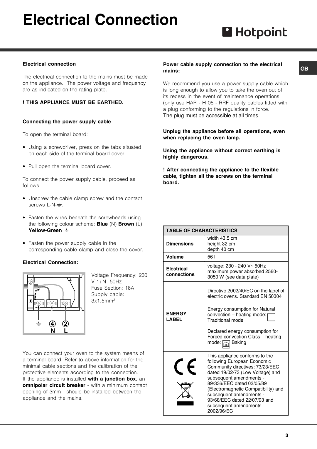 Hotpoint AHP69PX manual Electrical Connection, This Appliance Must be Earthed 