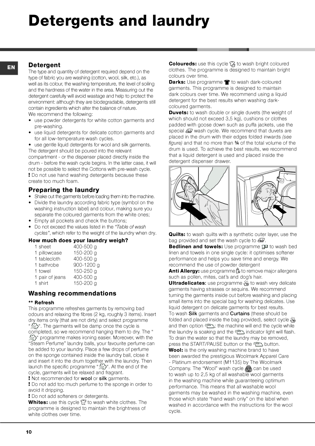 Hotpoint AQ1131 manual Detergents and laundry, EN Detergent, Preparing the laundry, Washing recommendations 