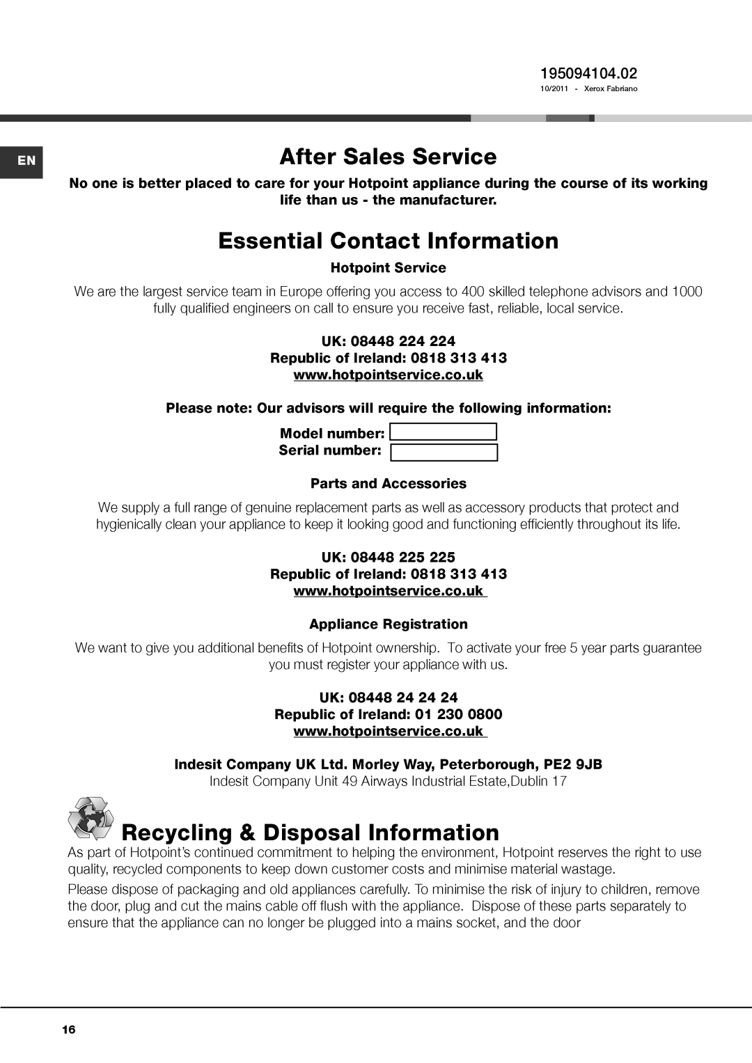 Hotpoint AQ1131 manual 195094104.02, You must register your appliance with us 