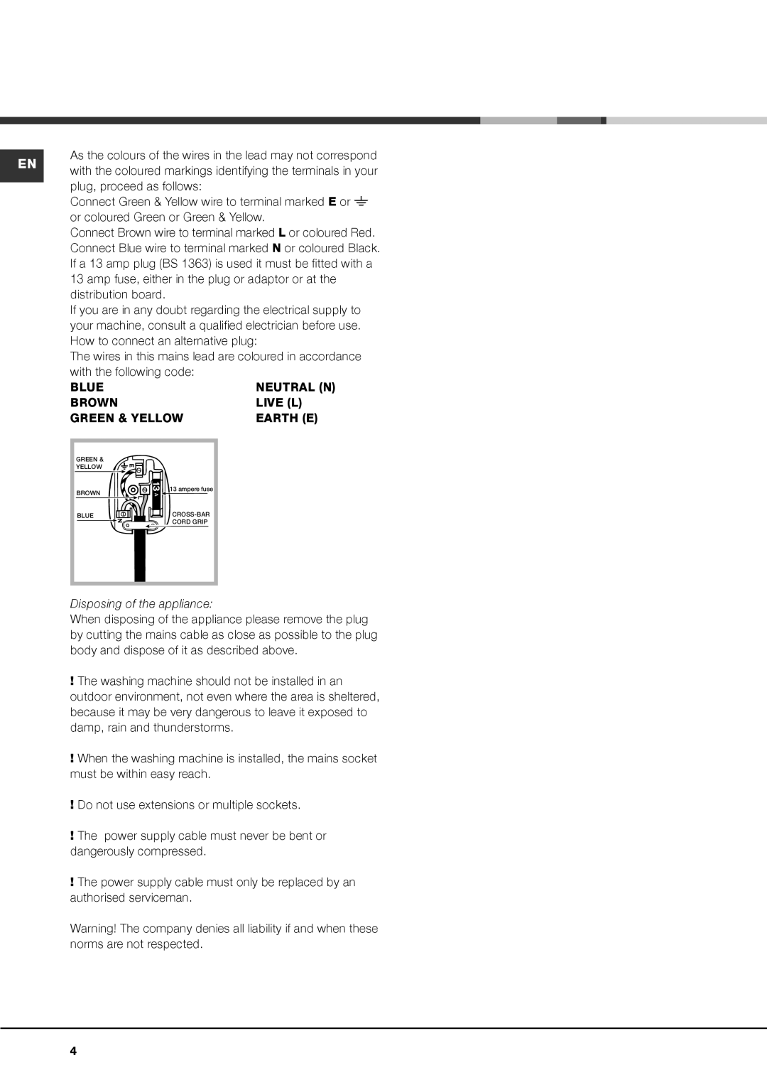 Hotpoint AQ1131 Amp fuse, either in the plug or adaptor or at, How to connect an alternative plug, With the following code 