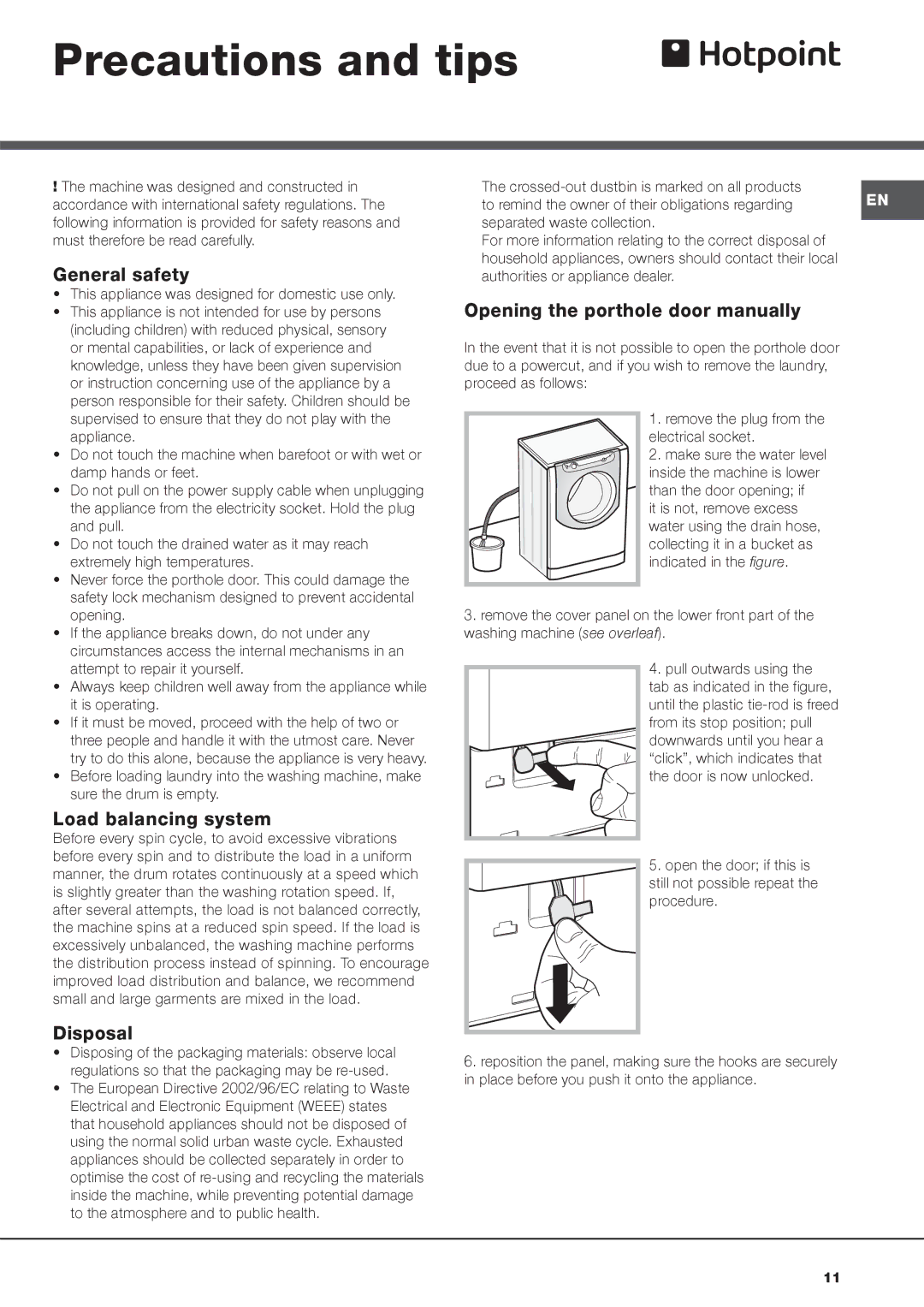 Hotpoint AQ1138D 697 S manual Precautions and tips, General safety, Load balancing system, Disposal 