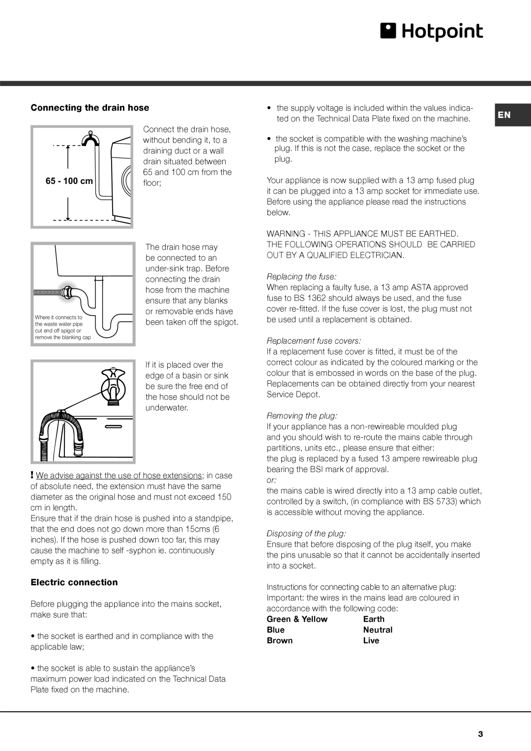 Hotpoint AQ1138D 697 S manual Green & Yellow Earth Blue 