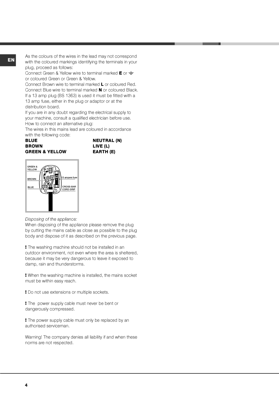 Hotpoint AQ1138D 697 S manual Amp fuse, either in the plug or adaptor or at, How to connect an alternative plug 