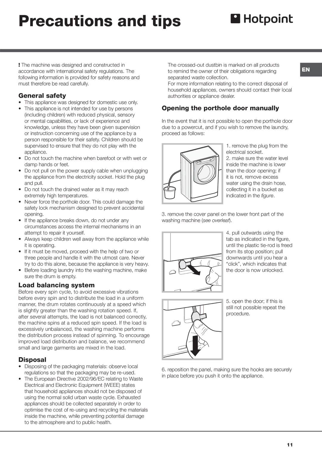 Hotpoint AQ113D 697 E manual Precautions and tips, General safety, Load balancing system, Disposal 